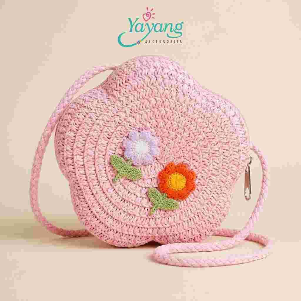 Yayang Sling Bag Tas Jerami Bentuk Bunga - Tas Selempang Anak Rajut Pita Bunga Lucu Premium