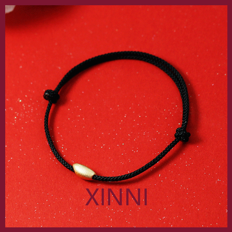 XINNI Gelang Millet Emas Tali Hitam untuk Pria dan Wanita Pasangan Manik-manik Bulat 3D Emas Murni