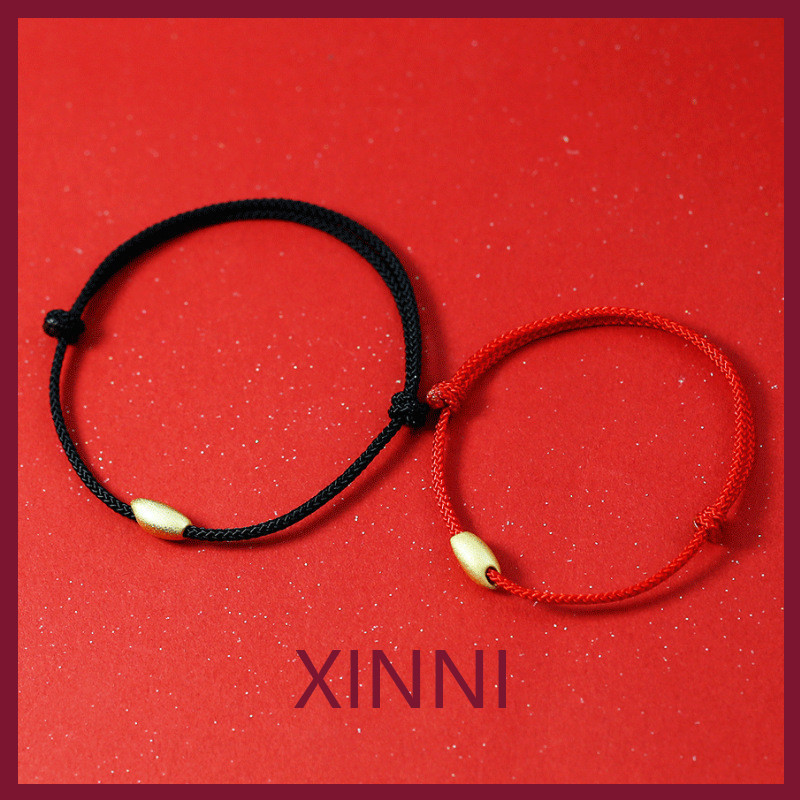 XINNI Gelang Manik Emas Millet Tali Merah Dua Warna untuk Pasangan Manik Bulat Emas Murni 3D