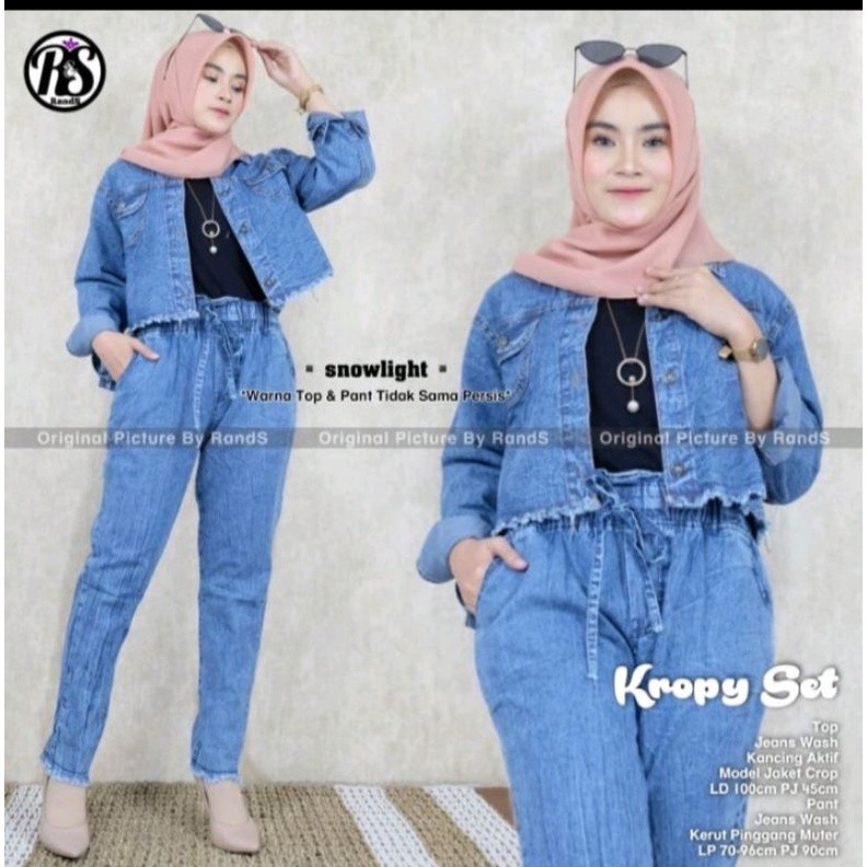 HW Setelan Wanita Jeans/One Set Jaket Jeans Snow/Jaket Crop Wanita/Setelan Jaket Jeans Dan Celana BA