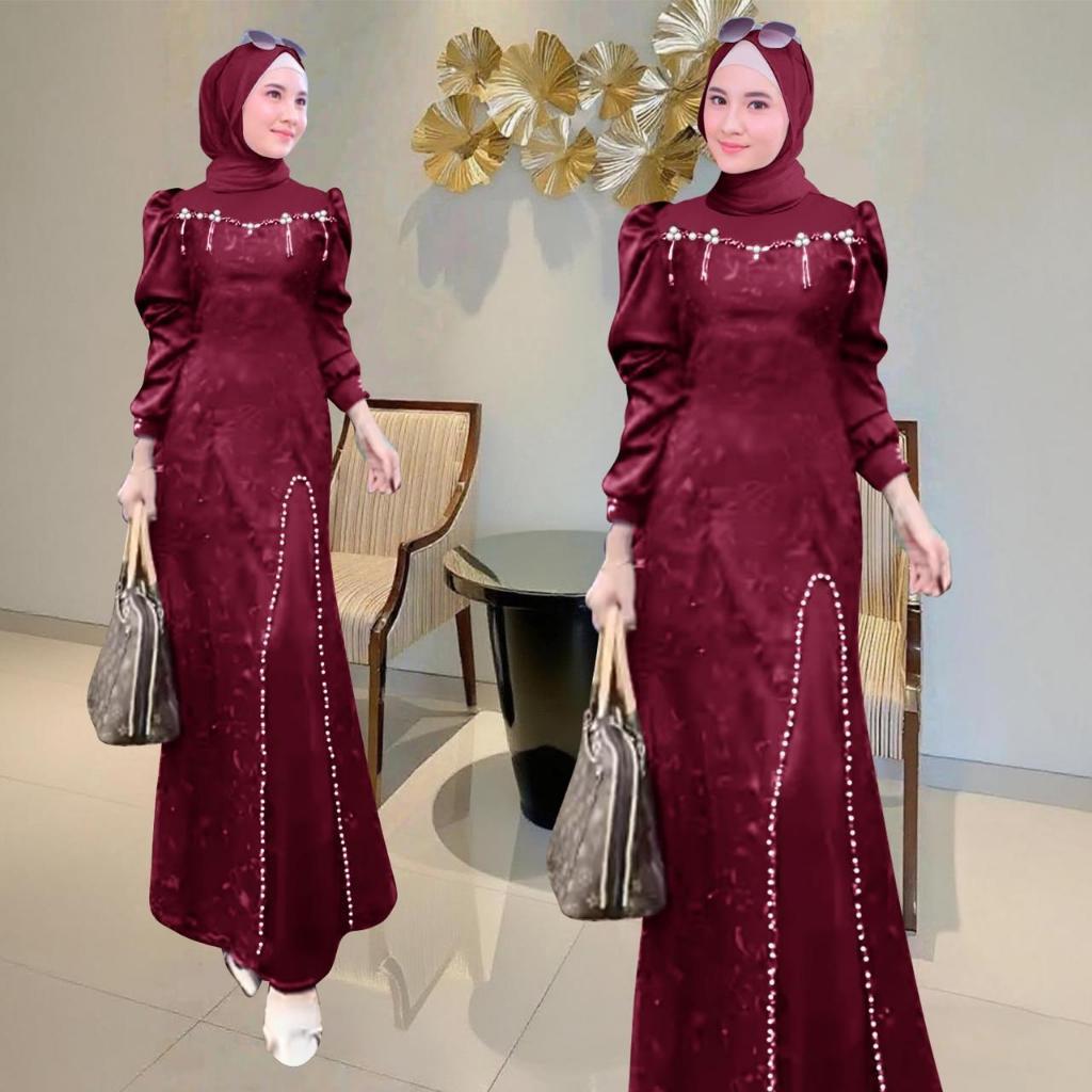 [Padu Dress] Gamis Muslim Brokat Jumbo Warna Marun – Elegan untuk Pesta, Kondangan & Lebaran