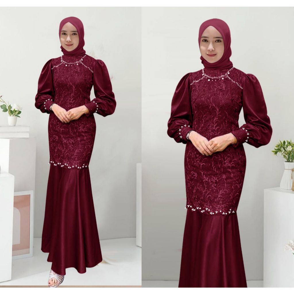 [Padu Dress] Gamis Brokat Muslim Jumbo Warna Marun – Elegan untuk Pesta, Kondangan & Lebaran