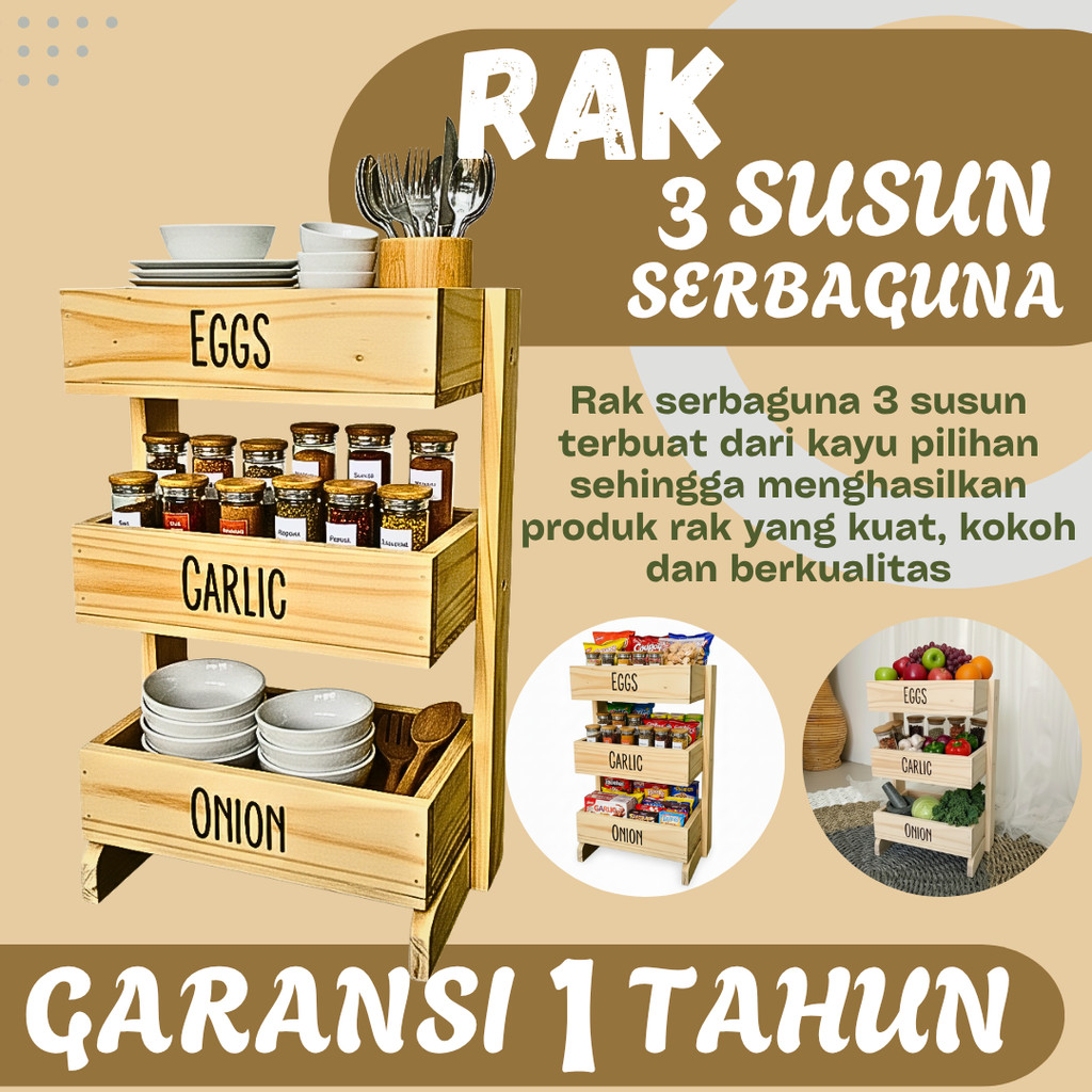 Rak bawang kayu 3 susun / Rak dapur / Rak kosmetik/ Rak perkakas/ Rak bawang