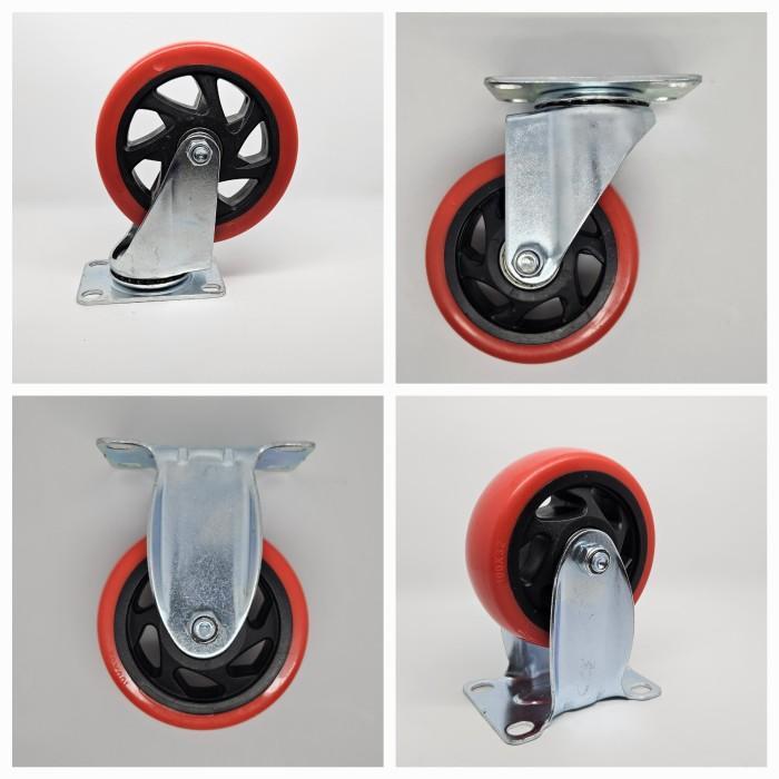Roda Caster Troli Pu Merah Medium Duty 4 Inch 1Set ( 2Hidup 2Mati)
