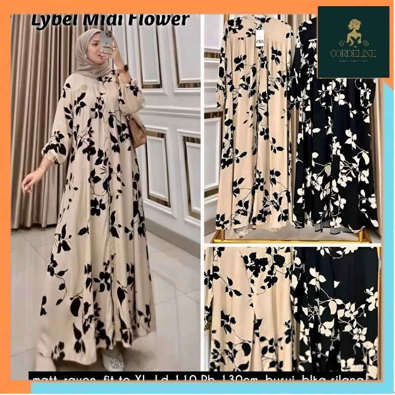 Gamis Lybel Midi Flower Dres Rayon Premium terbaru 2025 viral gamis muslim kekinian gamis wanita dew