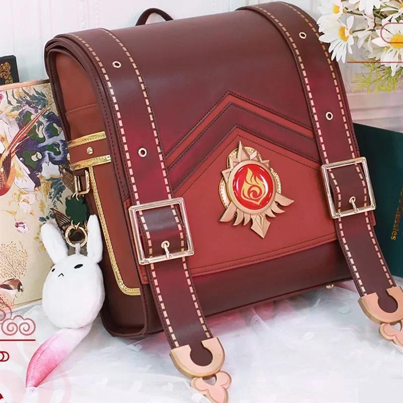 Anime Game Genshin Impact Klee Cosplay College Cute Backpack Student Vintage Leather Sool Bags Large
