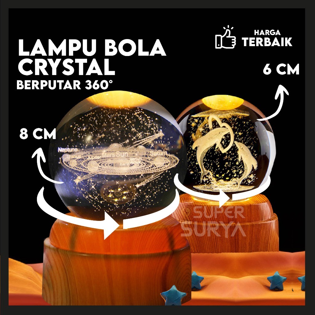 Lampu Hias Kamar Tidur 3D Berputar 360° Bola Kristal LED Hadiah Unik Hiasan Meja Mini