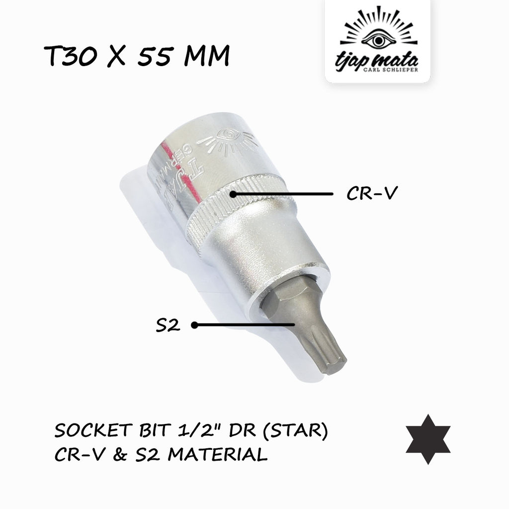 TJAP MATA / CAP MATA Star Bit, Kunci Sock, Sok, Shock, Socket, Torx, Bintang ½” DR T30