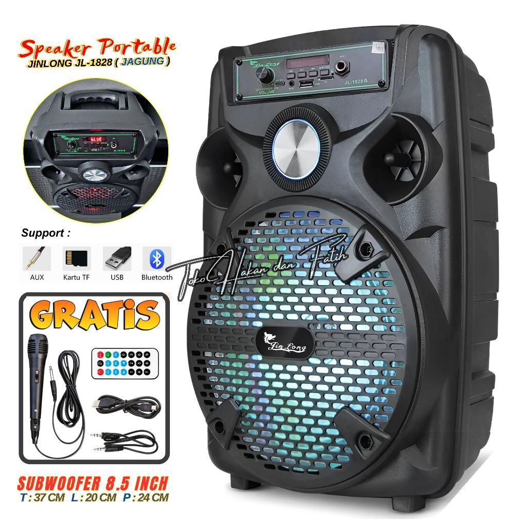 UKURAN BESAR SPEAKER BLUETOOTH JINLONG JL 1828 JAGUNG LED 8'5 INCH FREE MIC KABEL KARAOKE + REMOTE -