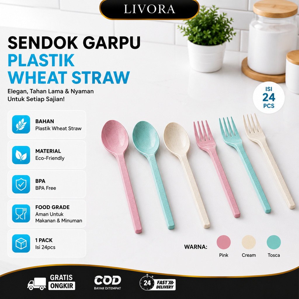 24pcs Sendok Garpu Plastik Jerami / Perlengkapan Makan Aesthetic Wheat Straw Pastel Series | PB-150 