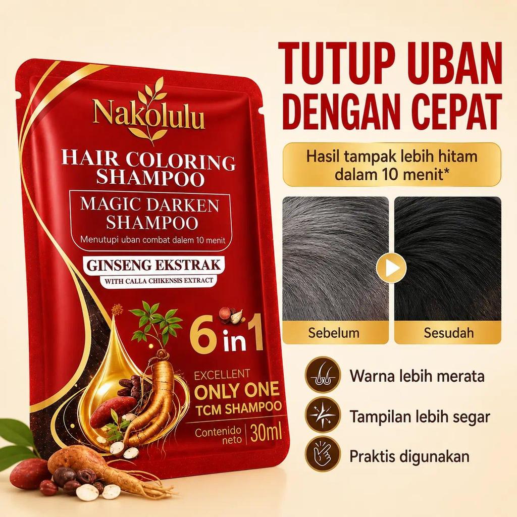 Nakolulu 6 in 1 Pewarna Rambut Herbal Hair Coloring Shampoo Sachet - Tutup Uban Instan 10 Menit, Eks