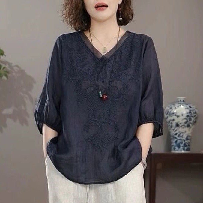 Kain linen Tencel V Atasan wanita berlengan pendek, model longgar dengan bordir, tipis dan ukuran be