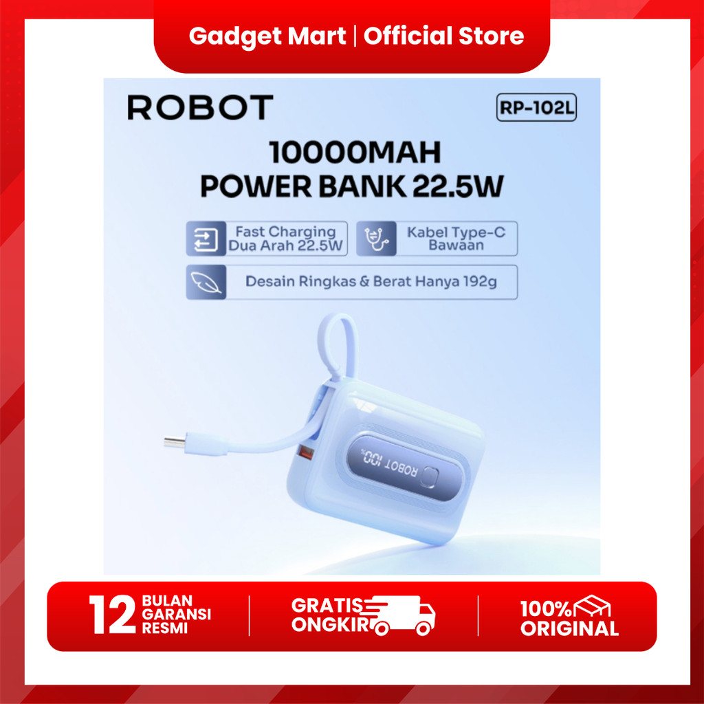 Robot RP-102L Powerbank 10000 mAh Fast Charging Type-C Cable 22.5W LED Display RP102L RP102