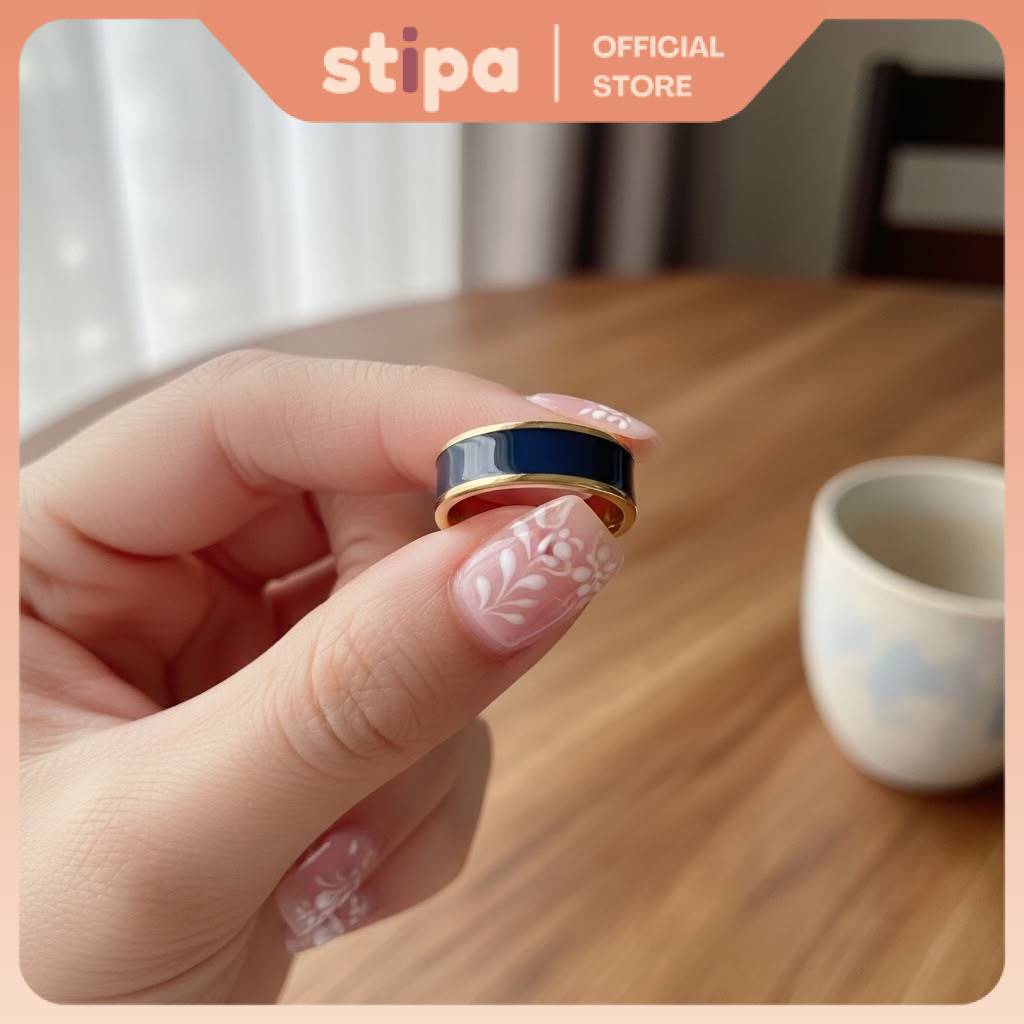 STIPA Cincin Kotak Wanita Titanium Hitam Simple Ring Woman