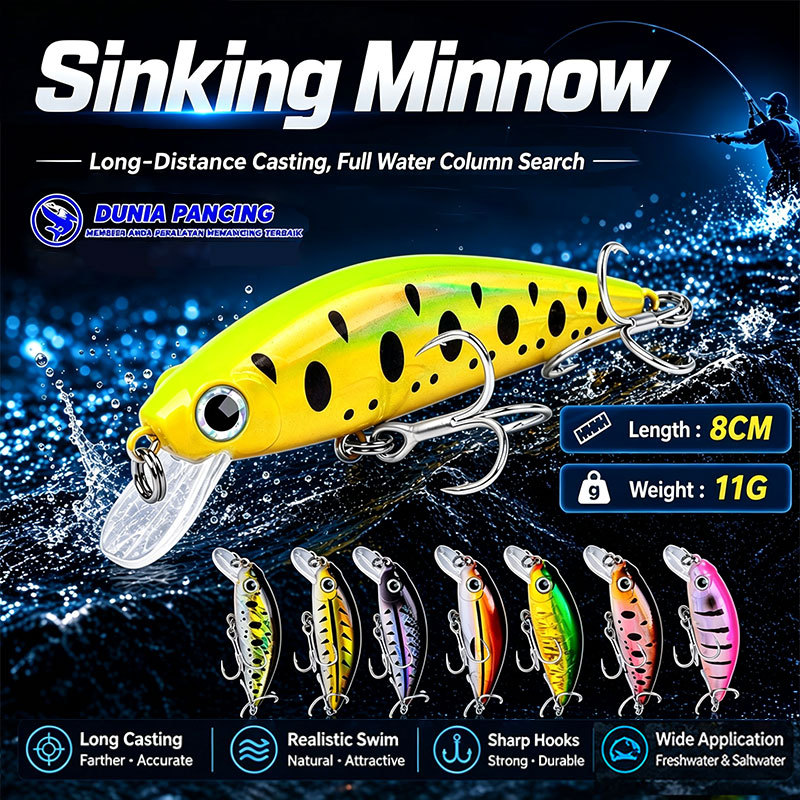 Umpan Minnow Sinking 8 cm 11 gram sinking 4X strong bkb hook action stabil umpan pancing casting Ben
