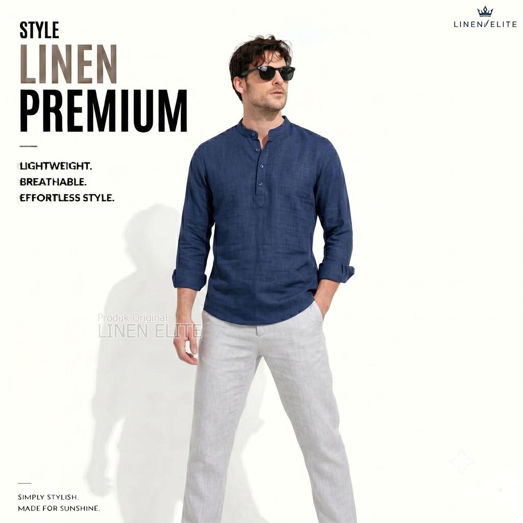 LINEN.ELITE Atasan Baju Linen Pria Dewasa Shanghai Setangag Kancing Atasan Baju Koko Linen Pria Baju