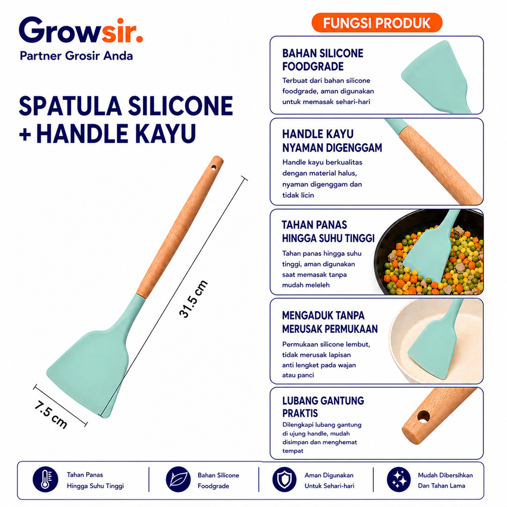 GROWSIR Silicone Utensil Spatula Spatula Silicon Utensile Turner Sutil Silikon Tahan Panas CF035