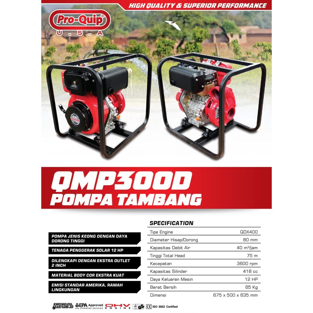 Mesin Pompa Air Tambang Alkon Bensin Proquip QMP300 3 Inch 25HP Mining Water Pump Gasoline QMP 300 P