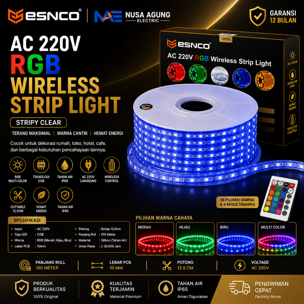 ESNCO Lampu LED Strip Selang RGB 5050 60LED 10MM 100Meter
