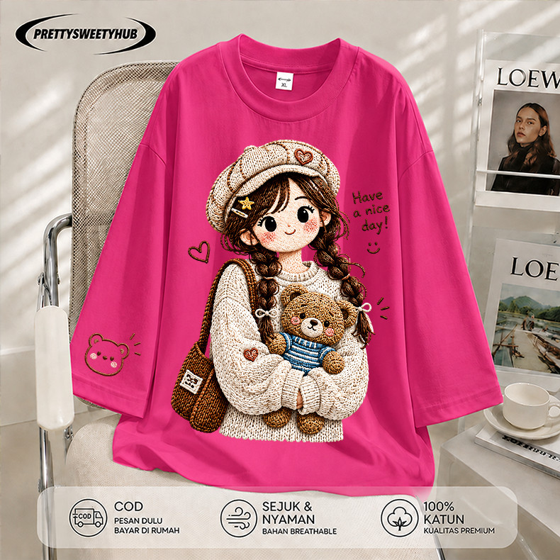 Pretty Sweety Hub - Kaos Oversize Wanita Lengan 7/8 Atasan Wanita Motif Cute Girl & Teddy Bear Aesth