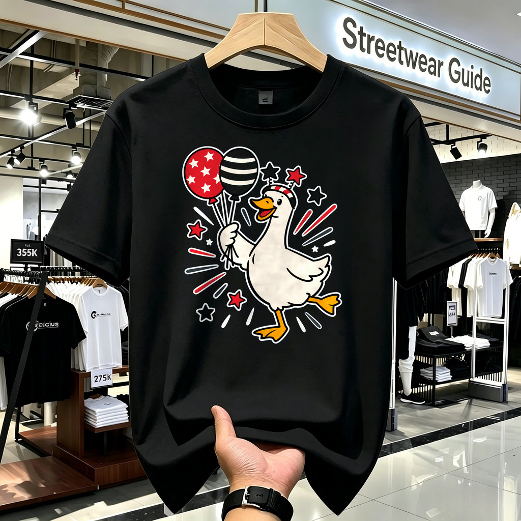 Kaos Distro Lengan Pendek Motif Angsa Membawa Balon Bintang Gaya Amerika Kaos Pria Oversize Nyaman U