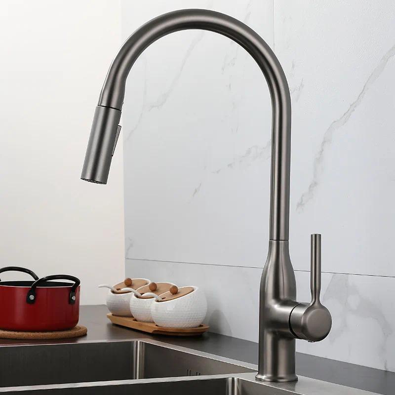 Gray Pull-out Kitchen Sink Faucet Double Water Water Washbasin Sink Tap 360° Rotation Pull Out Sprin