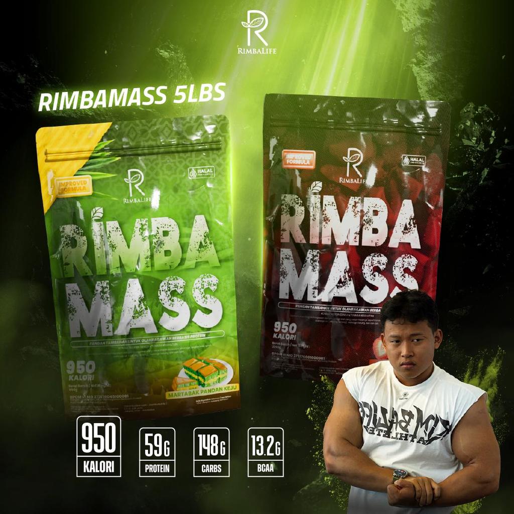 Rimbamass Halal Bpom 5 Lbs 2250gram dengan 650 Kalori, 42g Protein, 115g Karbohidrat, 8.25g BCAA, 6g