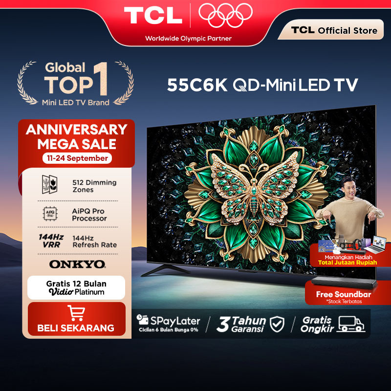 TCL 55 Inch QD-Mini LED TV C6K - Halo Terminator - Onkyo 2.1 - 144Hz - HVA Panel - Energy Saving - G