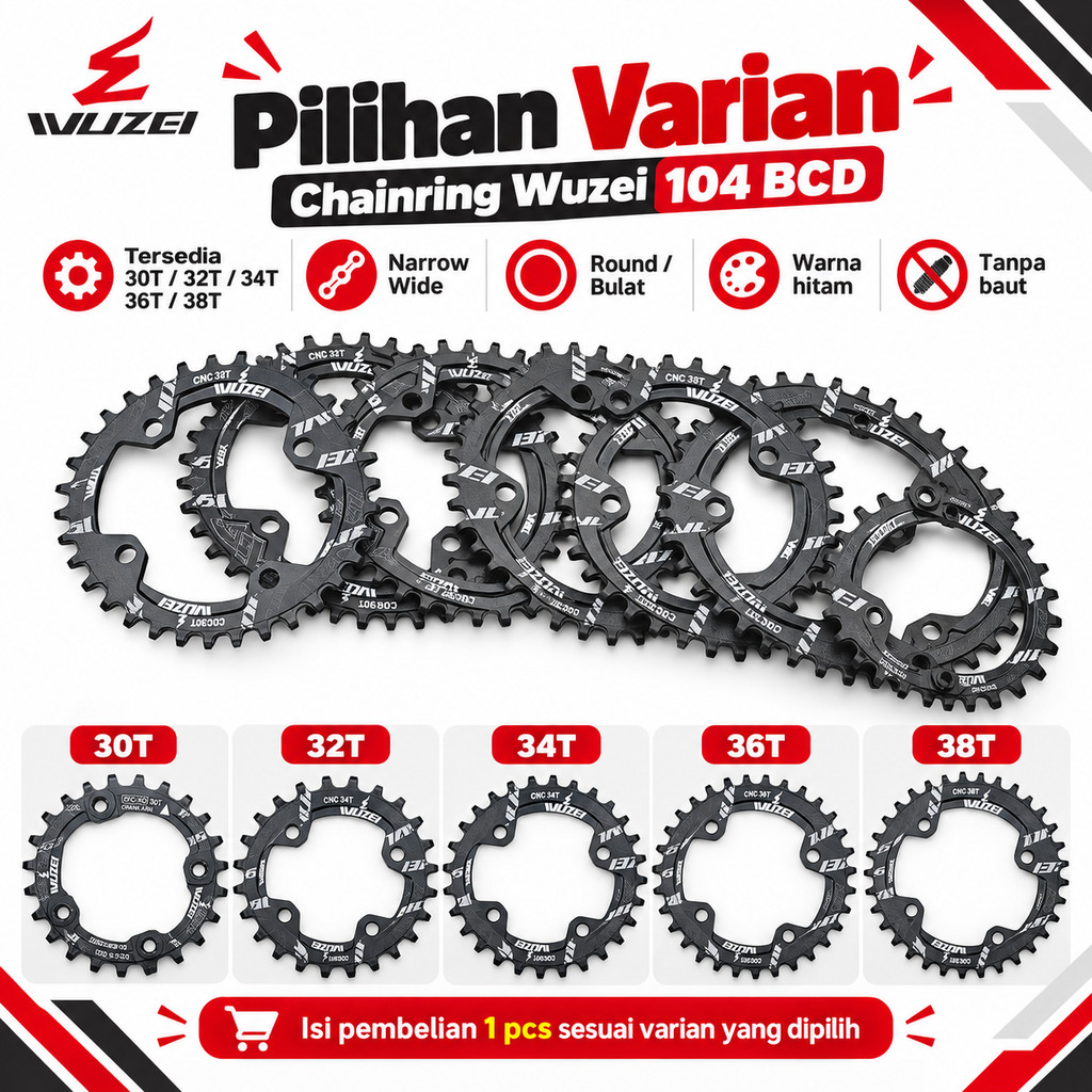 Chainring Wuzei 30T 32T 34T 36T 38T BCD narrow BCD 104 wide untuk single chainring sepeda 104BCD not