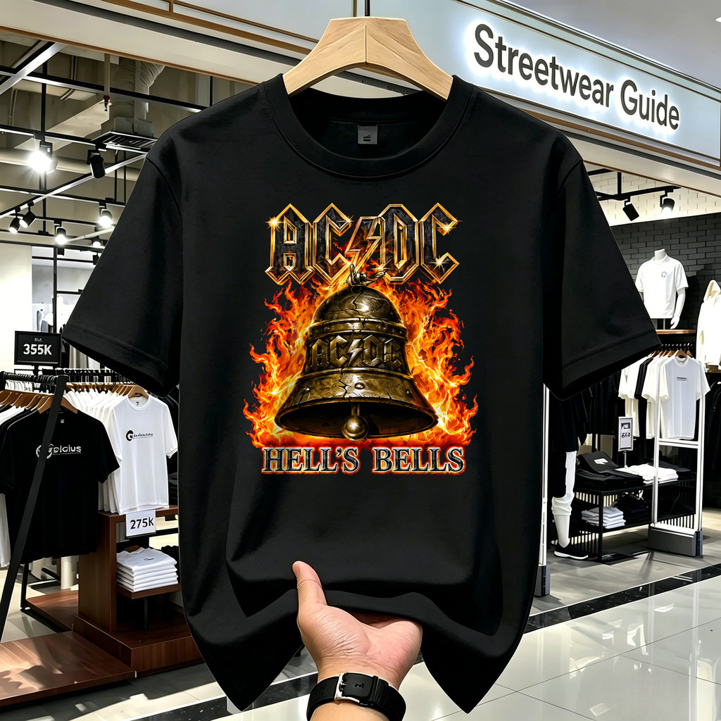 Kaos Band Rock AC DC Hells Bells Bergambar Lonceng Api Kaos Vintage Kaos Pria Kaos Lengan Pendek Ban