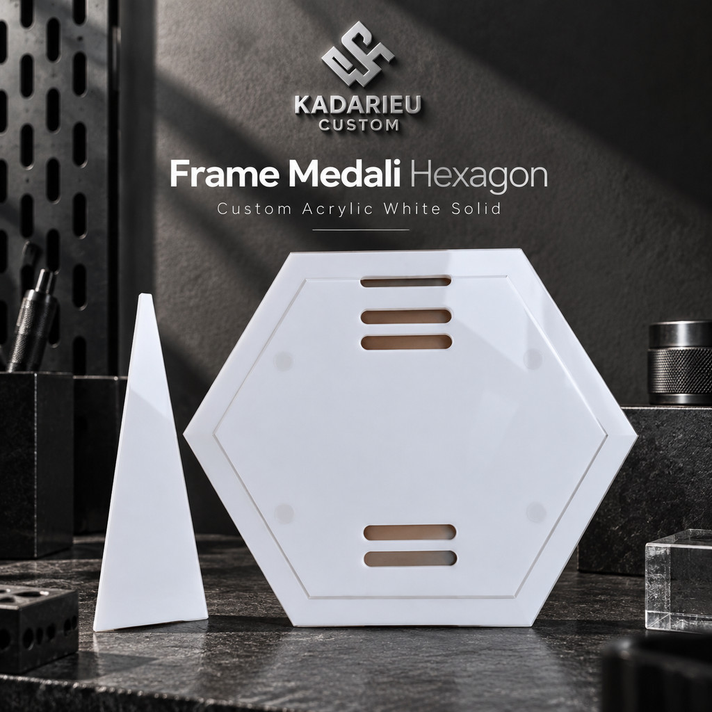 KC Frame Medali Hexagon Custom Acrylic White Solid / Jasa Custom CNC Milling Bubut Laser
