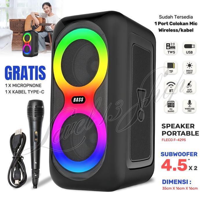 Speaker Bluetooth Karaoke Portable Free Mic KABEL RGB LED FLECO F-4295 | Salon Aktif Full Bass Termu
