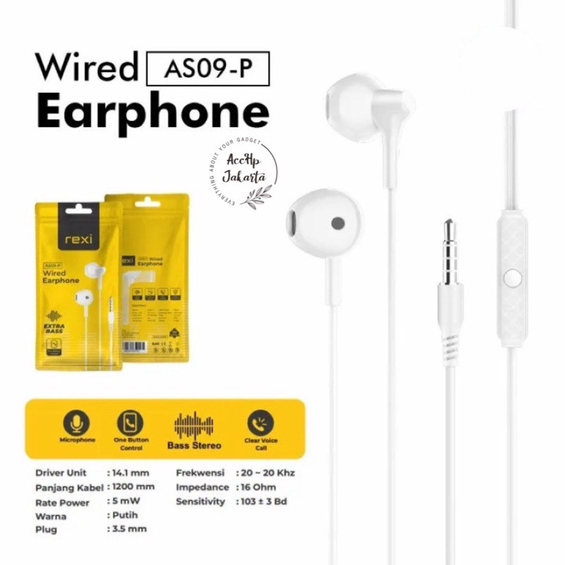 Hendset Rexi AS09-P Wired Earphone REXI ES03 Super Bass 3D Stereo Sound