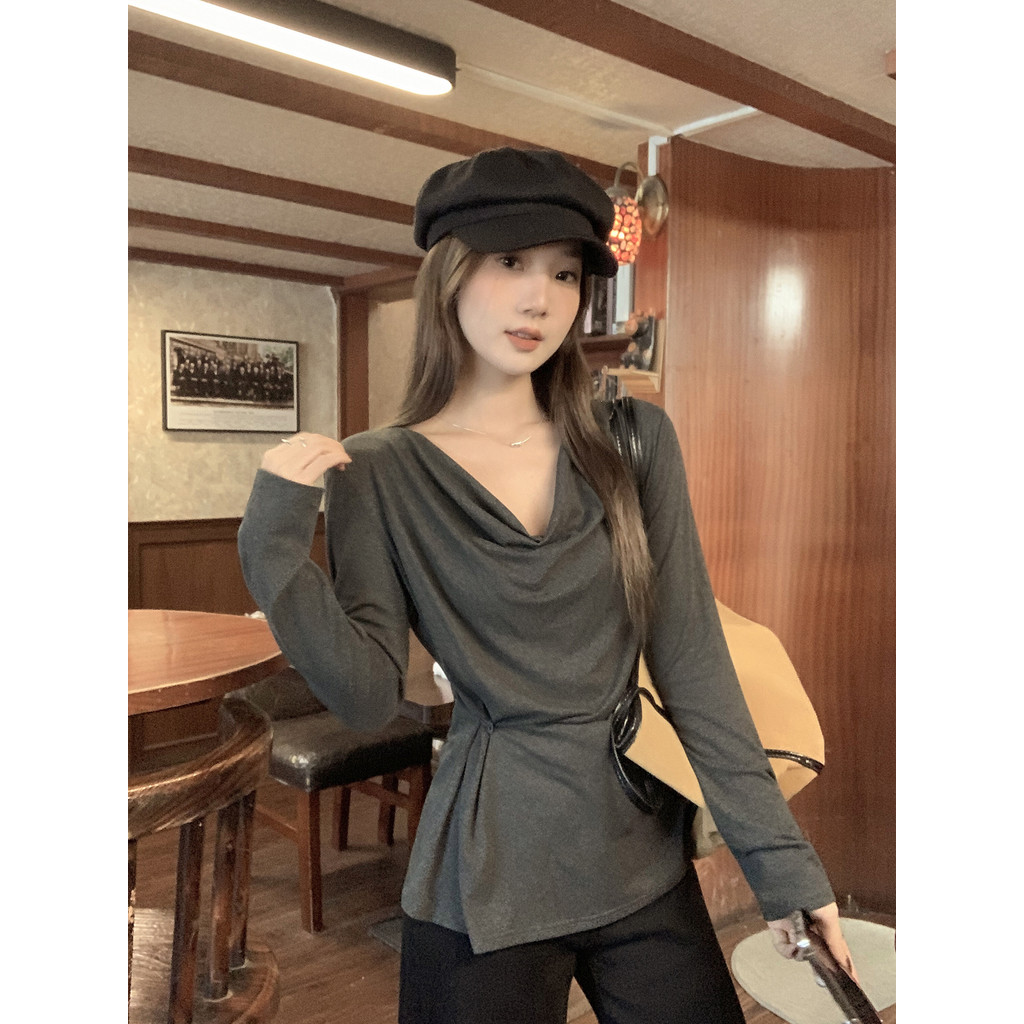 Lengan panjang warna solid longgar tanpa bahu dan leher baru T Baju Wanita KAOS