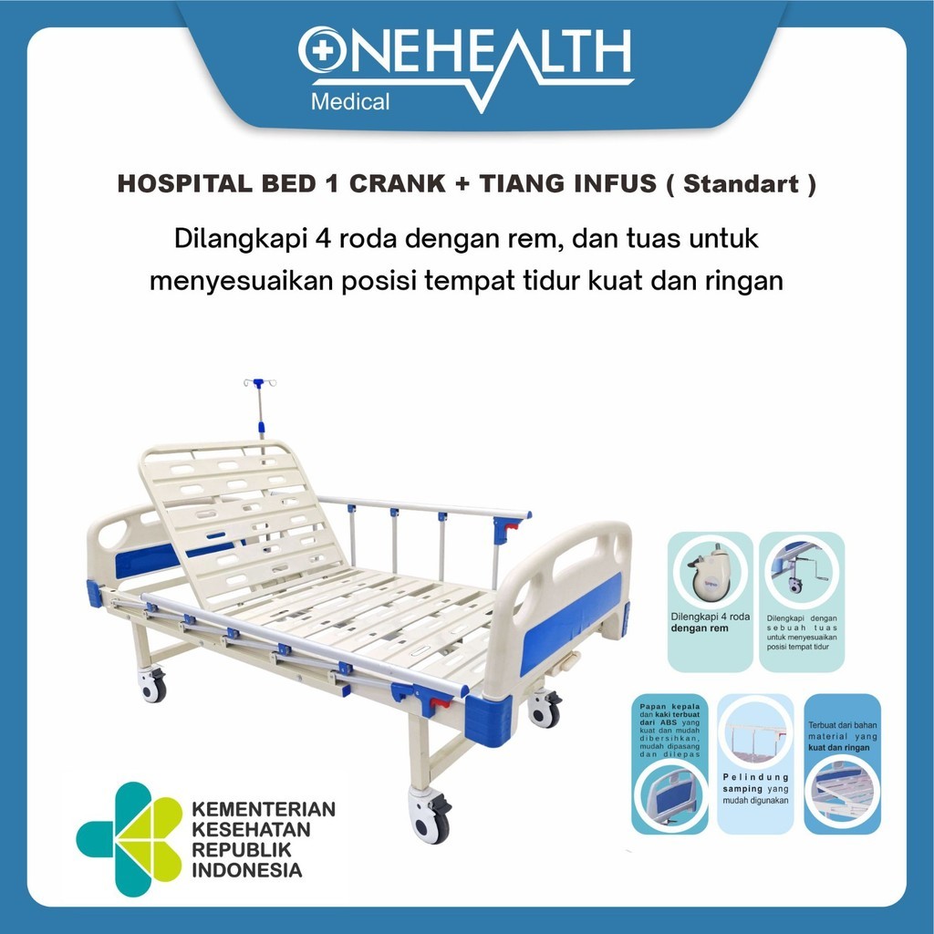 Onehealth Hospital Bed Ekonomis Manual 1 2 Crank Ranjang Pasien Rumah Sakit dengan Rem dan Roda