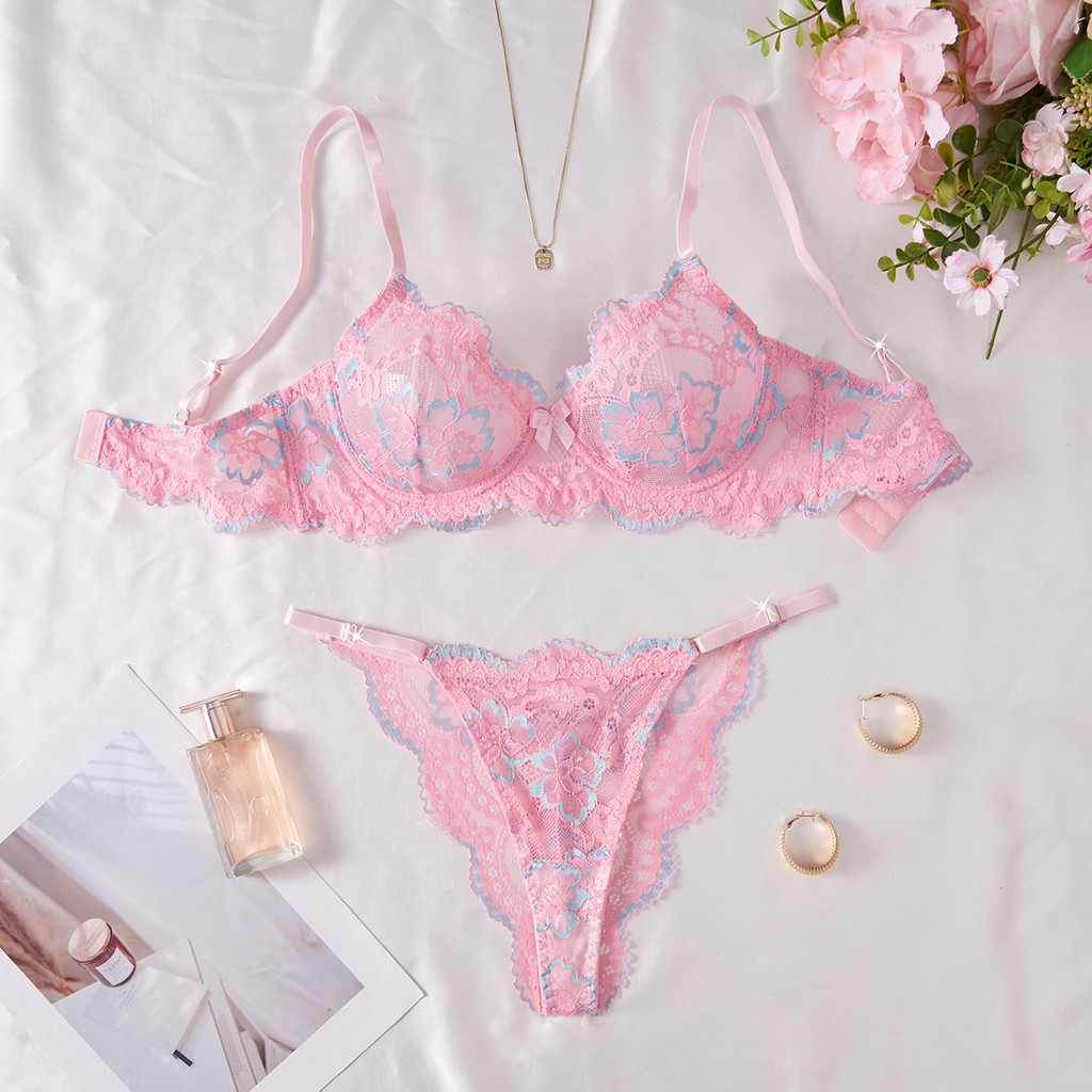 Sexy Lingerie Pink Lace Printed Bra Sweet Pure Desire Thong Sexy Lingerie Set for Women