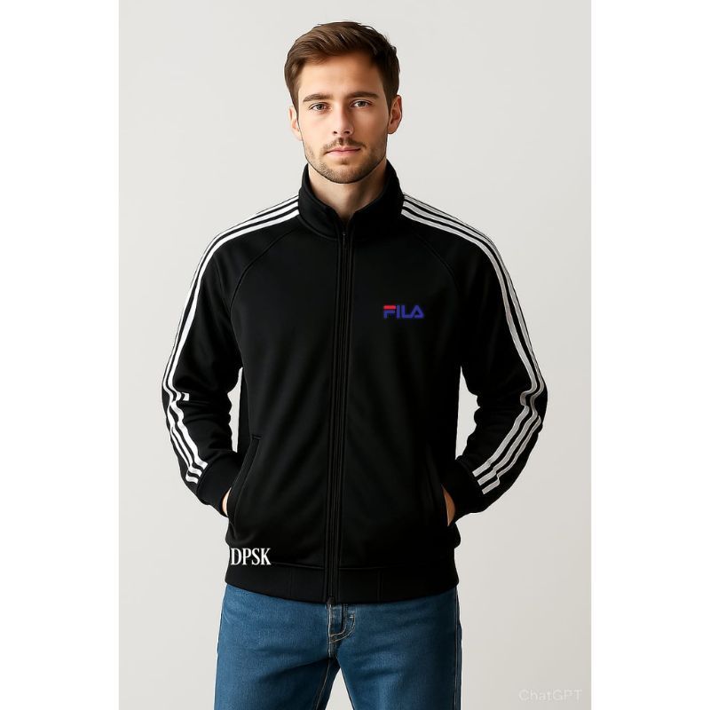 Fila Tracktop Jacket Unisex Outdoor Hitam List Tangan Sz M-XXL