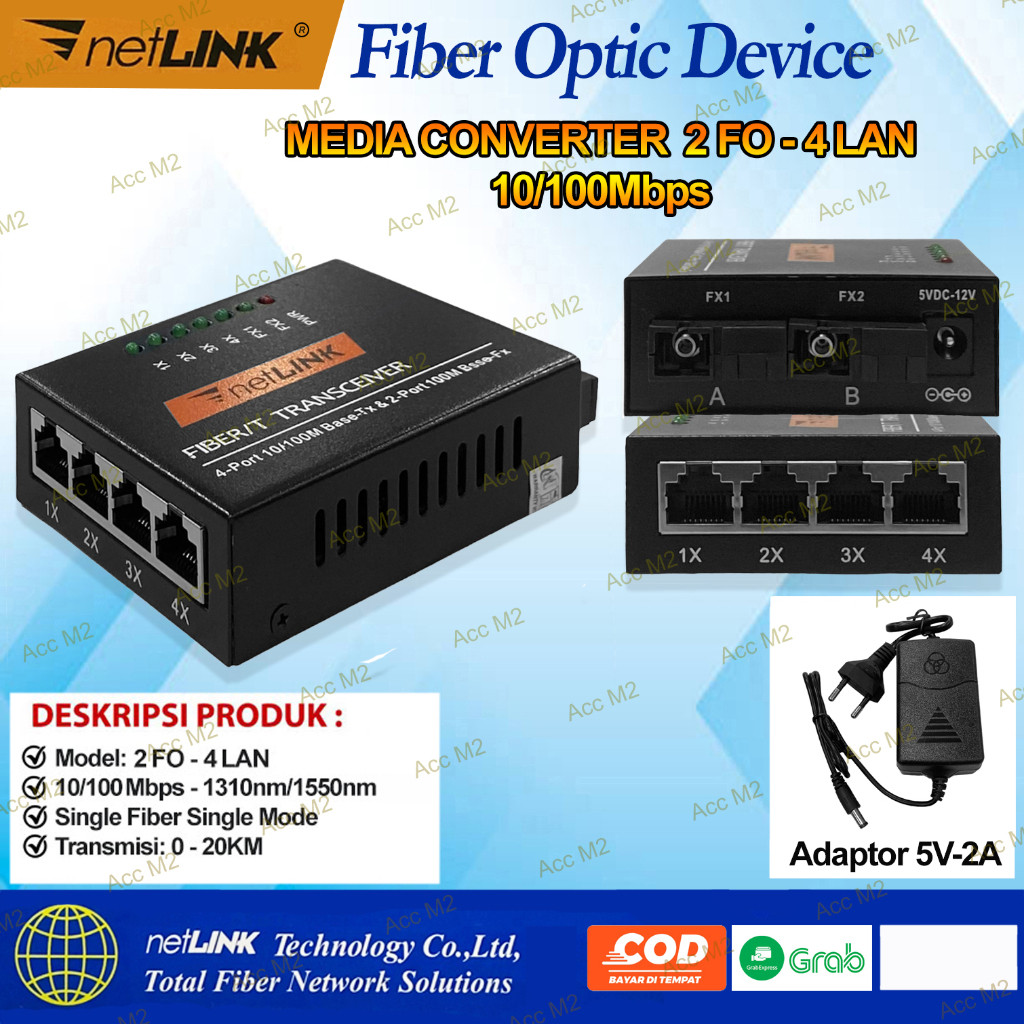 (Tekno Digital) Media Converter Transceiver Fiber Optic 2 Fo 4 Lan + Adaptor 10/100Mbps
