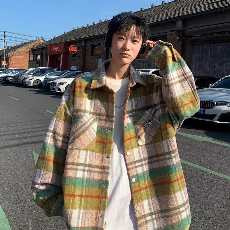 Kemeja Lengan Panjang Gaya Chanel Jaket Kerja Pria Kotak-Kotak Jaket Nuansa Muda