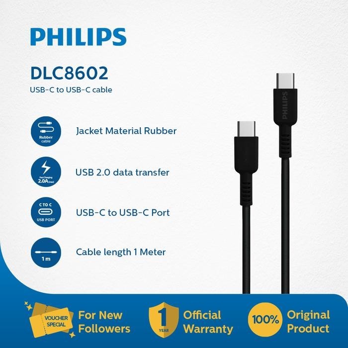 Philips DLC8602 USB-C to C Cable Charge 2.0 Data Transfer 1M | GRS Resmi