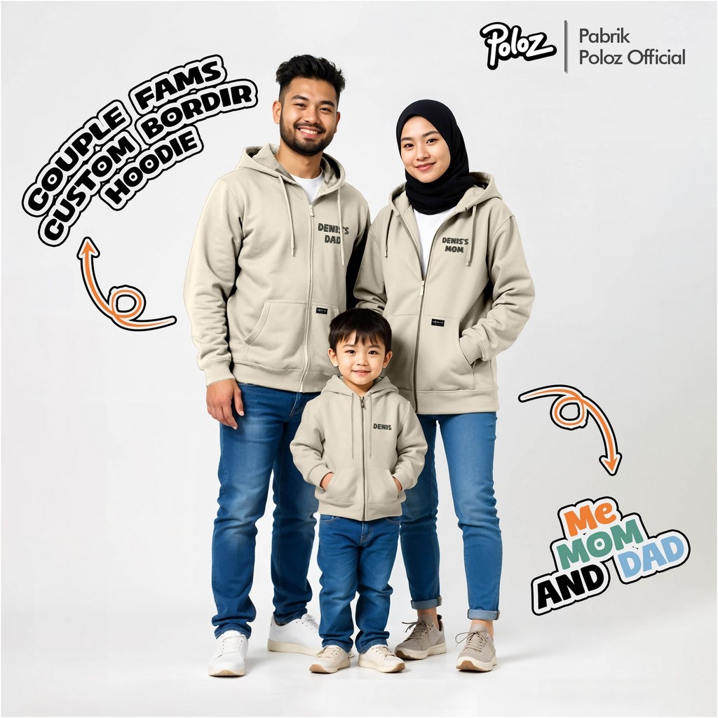 Hoodie Zipper Custom Bordir Nama Dewasa dan Anak Couple Keluarga Sweater Reseleting Bordir Nama Swea