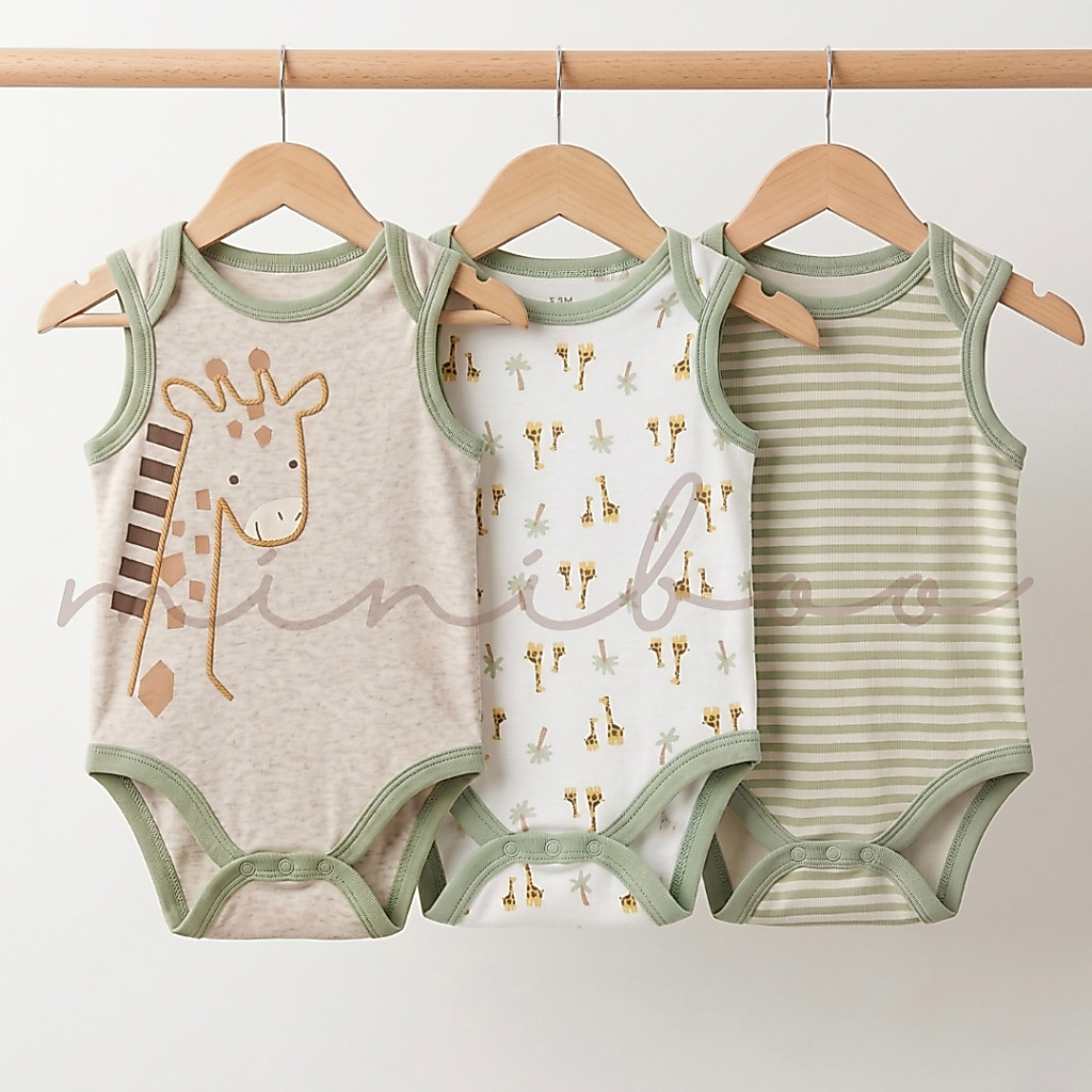 MINIBOO - Jumper Bayi Kutung 3pcs Unisex Bodysuit Sleeveless Katun Lembut 0-9bulan (3VS SAFARI)