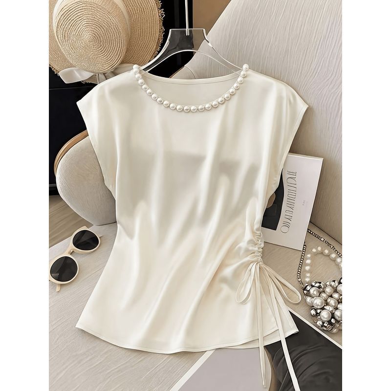 Blus wanita lengan pendek satin putih longgar dengan kerah mutiara bergaya Prancis yang elegan dan l