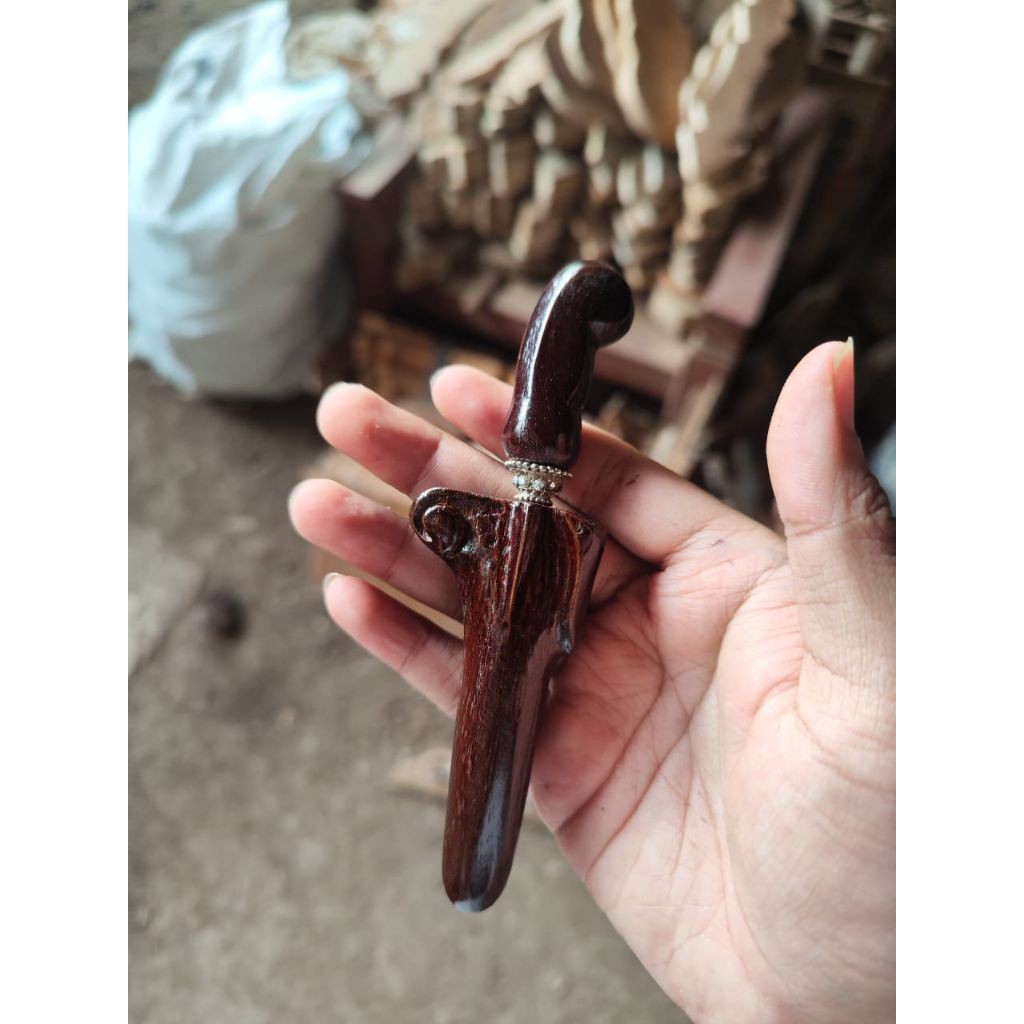 Keris Mini Pusaka Saku Jimatan Patrem Warangka Ladrang Kayu Sonokeling Glossy Mendak Perak