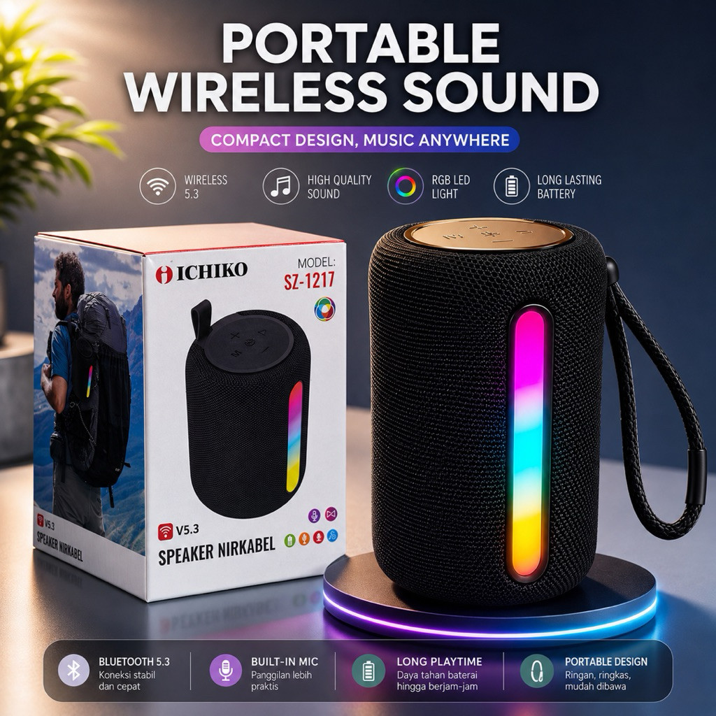 [ ICHIKO 1217 ]- Speaker Bluetooth RGB Light HD Sound Bass Wireless Portable Speaker Ergonomic Desig