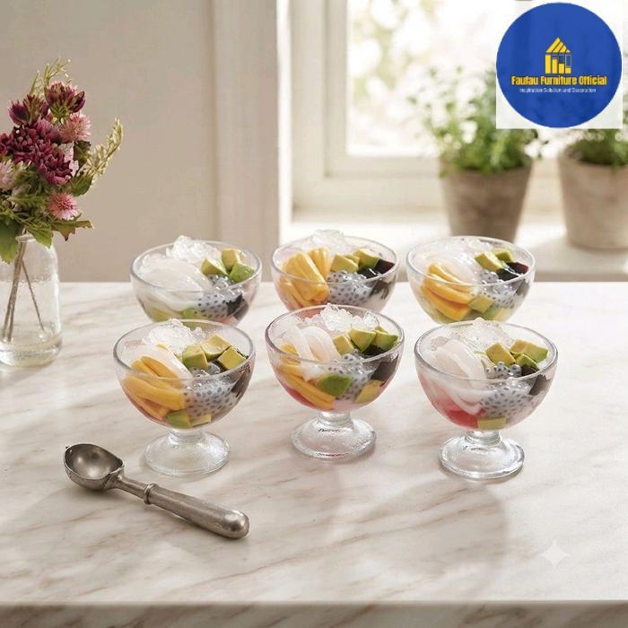 Gelas Es Teller Kaca (6pcs) Gelas Es Krim Ice Cream Glass Cup Plain Cantik Modern Original 300ml - B