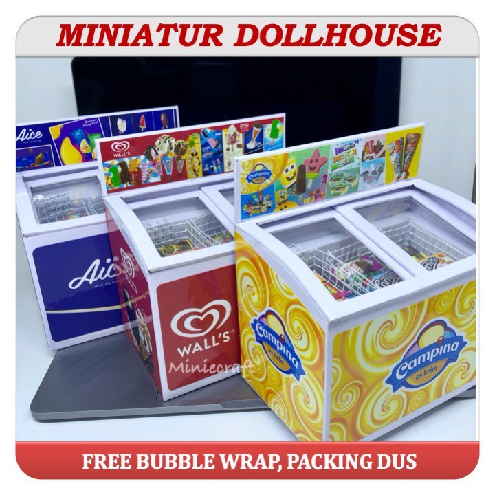 PROMO PAKET HEMAT MINIATUR FREEZER ICE CREAM & 12 PCS DOLLHOUSE ICE CREAM WALLS , AICE, CAMPINA