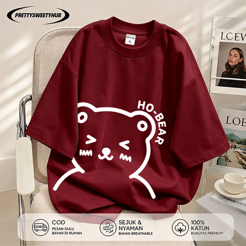 Pretty Sweety Hub - Kaos Oversize Pria Wanita Lengan Pendek Motif Beruang HO-BEAR Cute Korean Style 