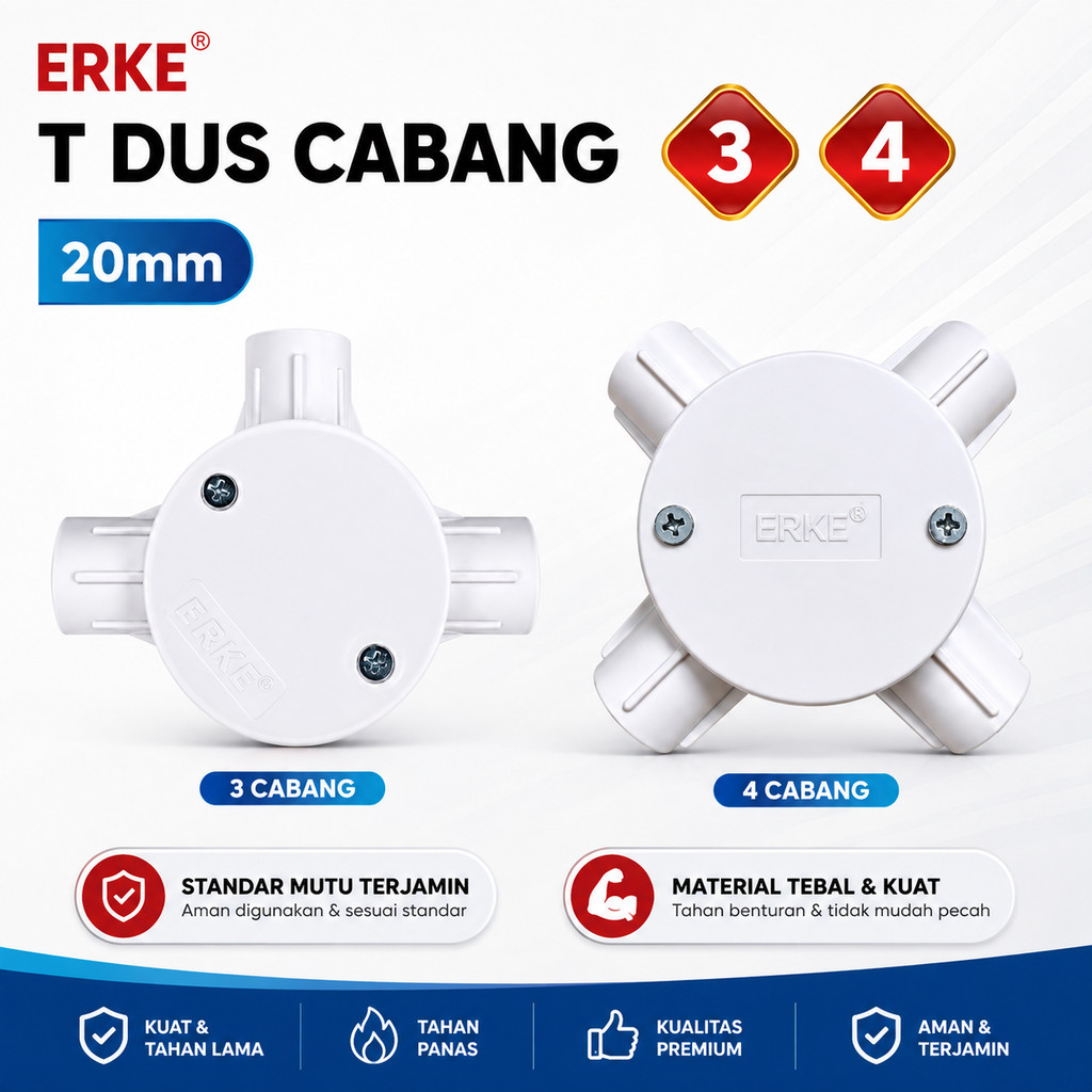 Erke T DUS Cabang 3 & 4 20mm-Tdus  Putih Baut - T-Dos Rapi,Kuat,&Aman-Tedus 20mm Cabang 3 & 4 Putih