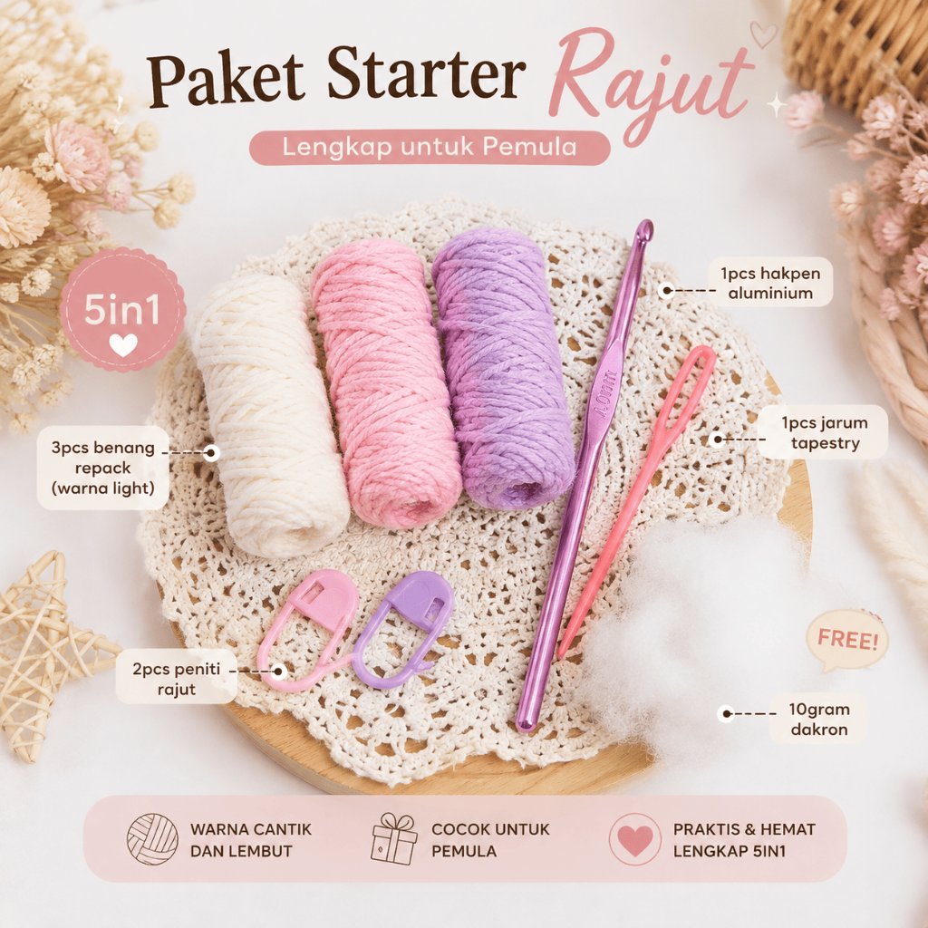 PAKET MERAJUT STARTER KIT CROCHET BENANG DAN PERALATAN RAJUT COCOK UNTUK PEMULA